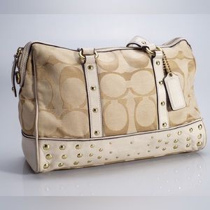 Coach Beige/Cream Signature Canvas and Leather Studded Satchel